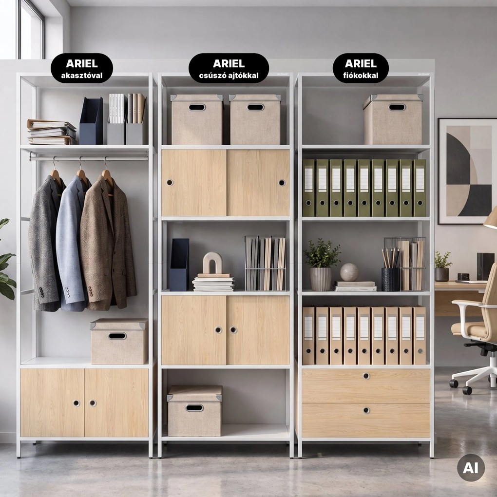 Irodai polc nyitott ruhaakasztó rúddal, recepcióra és váróterembe, fém, fehér/sonoma tölgy, 800x2200x400 mm: ARIEL Eco Design