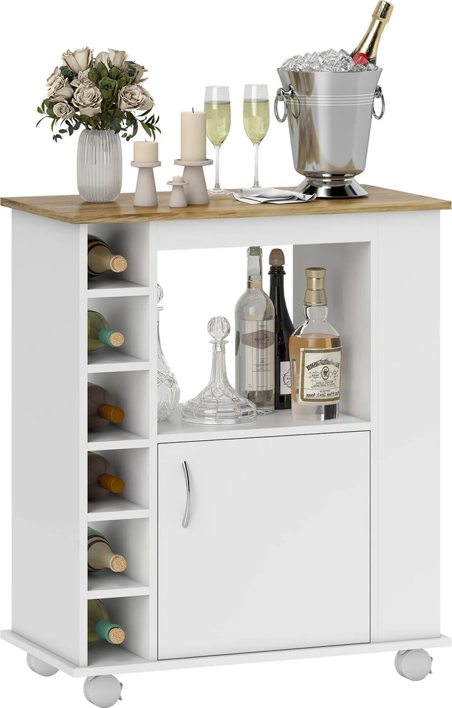 HOMCOM Konyhai Szekrény Kerekekkel, Büfé Étkezőszekrény Ajtóval és Tároló rekeszekkel, Mikrosütő Állvány Modern Stílus 75x39.5x88 cm Fehér | Aosom