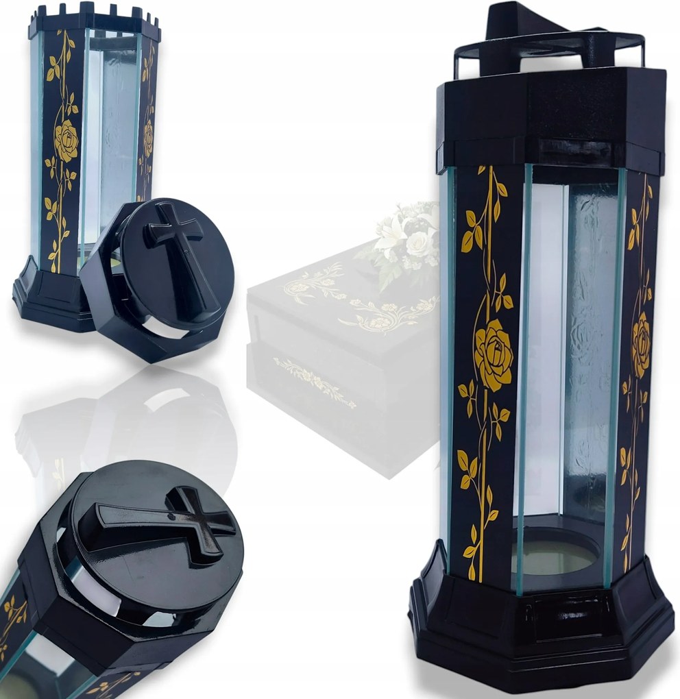 Mécses Üveg Torony Lampion Betét Sír Díszített Arany Rózsa Virágok Fekete