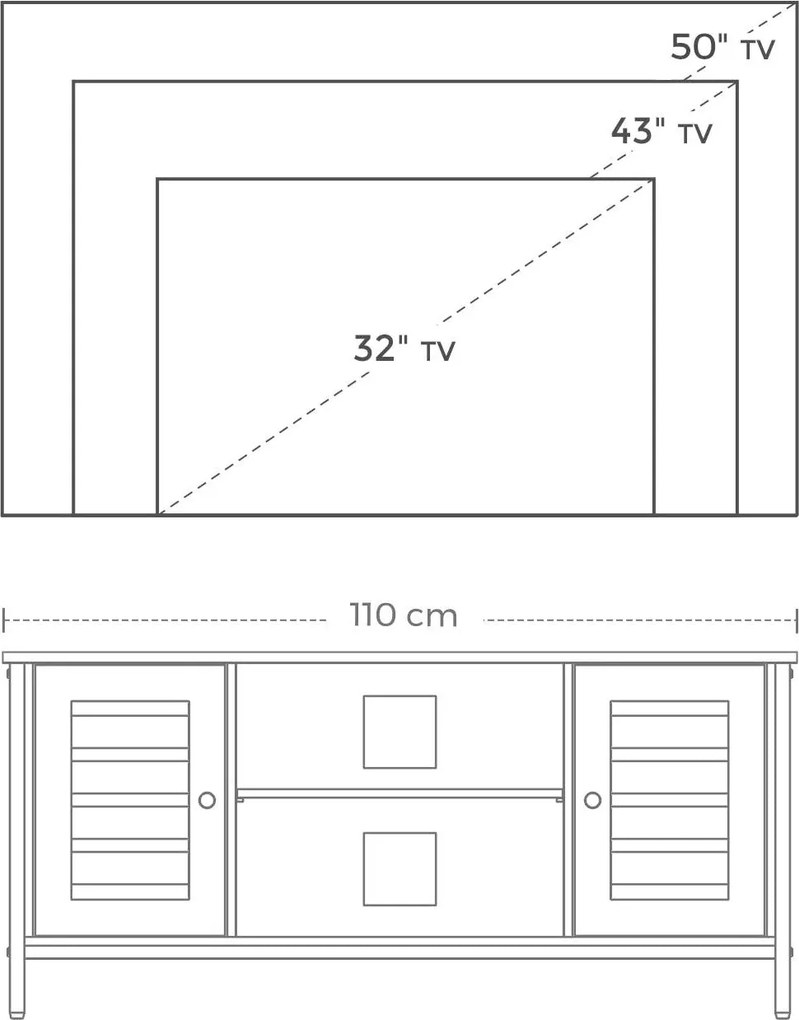 TV-szekrény lamellás ajtókkal, állítható polccal és tárolórekeszekkel, 110 x 40 x 50 cm, rusztikus barna/fekete