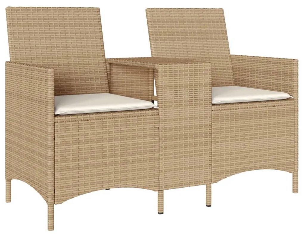 bézs polirattan 2 személyes kerti kanapé asztallal és párnákkal