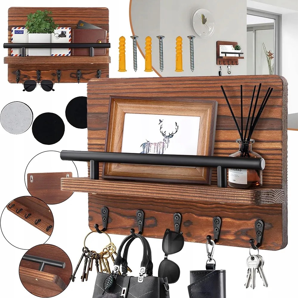 Fa Kulcstartó Deszka Polccal, Kulcstartó Polc, Fal 5 Akasztóval