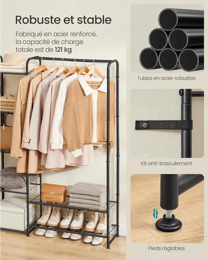 Ruhatartó állvány rúddal és polcokkal, fém kabáttartó, matt fekete