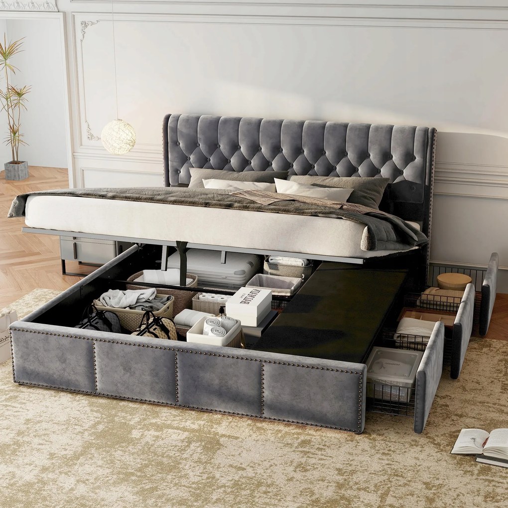 Kárpitozott ágy, hidraulikus ágy 160x200cm 3 fiókos Szürke