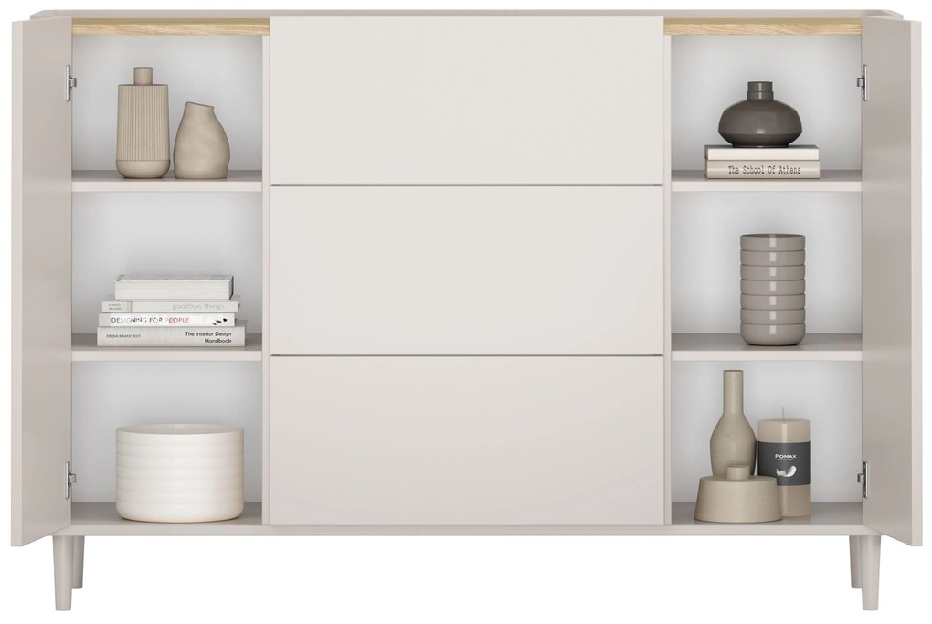 Elivo komód 150 cm fiókokkal lábakon - kasmír / olajozott tölgy