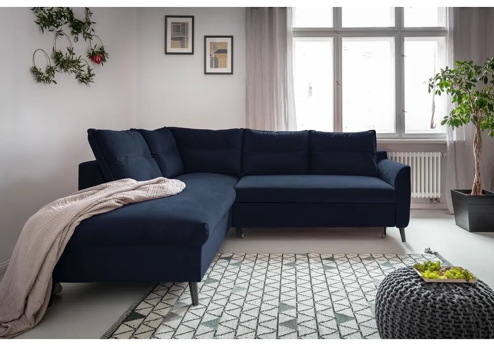 Stylish Stan L sötétkék kinyitható bársony sarokkanapé, bal oldali - Miuform