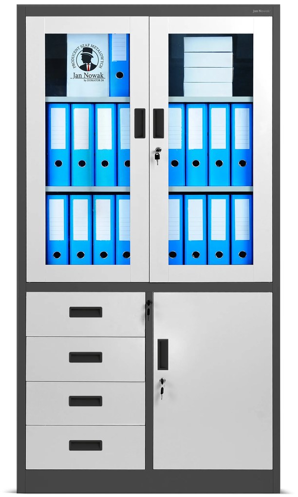 Fém iratszekrény vitrinnel és fiókokkal WIOLA, 900 x 1850 x 400 mm, antracit-fehér