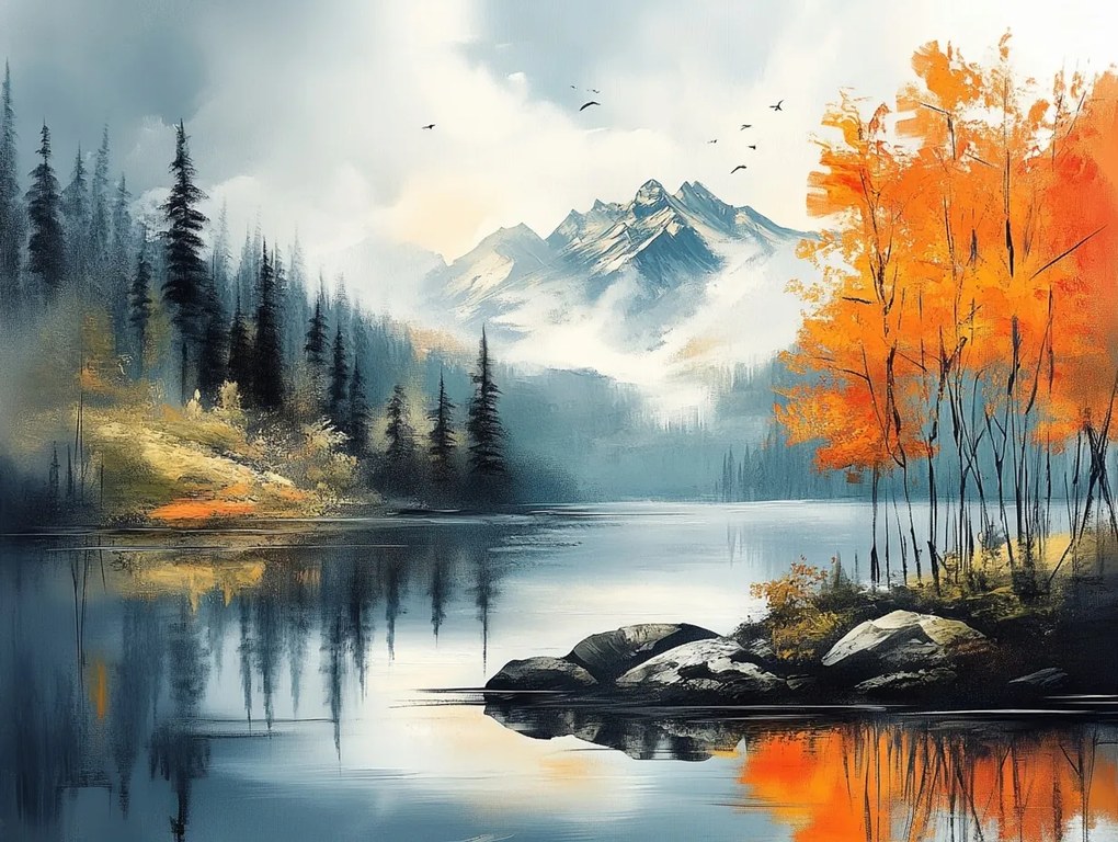 Vászonkép Canvas Tájkép Kanada Hegyek Erdő Tó Fjord Ősz 100x75