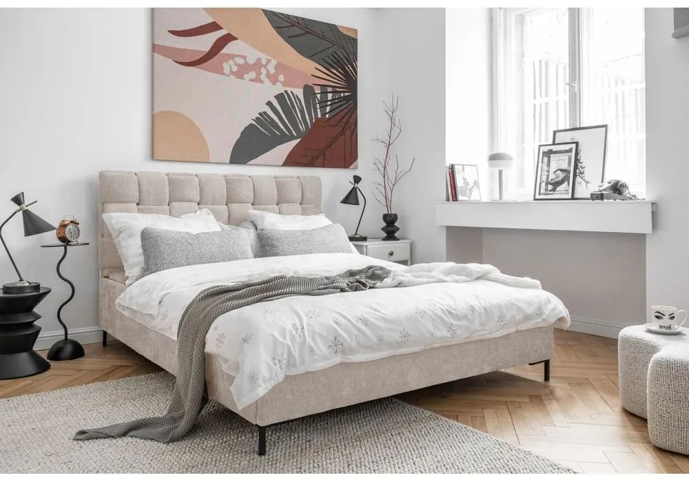 Bézs kárpitozott franciaágy ágyráccsal 180x200 cm Eve – Miuform