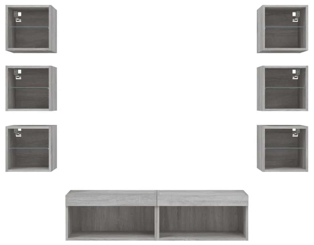 8 darab szürke sonoma színű szerelt fa fali TV-bútor LED-del