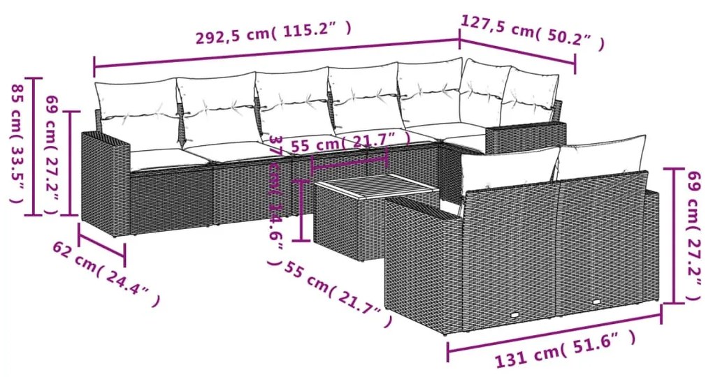 9 részes szürke polyrattan kerti ülőgarnitúra párnákkal