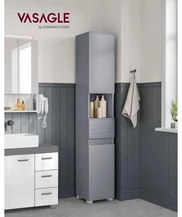 VASAGLE magas fürdőszobai szekrény 30×30×170 cm, misztikus szürke színben