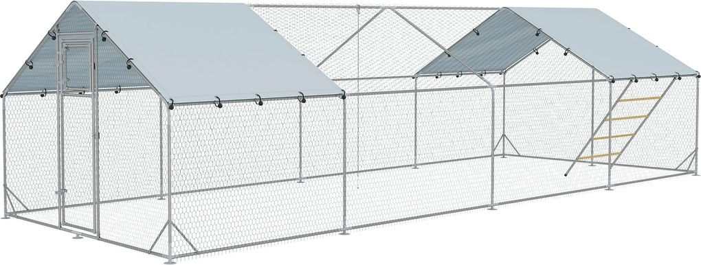 PawHut Elemekkel készült Tyúkól, 3 x 8 x 1,95 m Tyúk ketrec UV-ellenálló fedéllel, Etetőajtóval, Függeszthető Etetővel, Ülőfával, Tyúk Zárkával 24-30