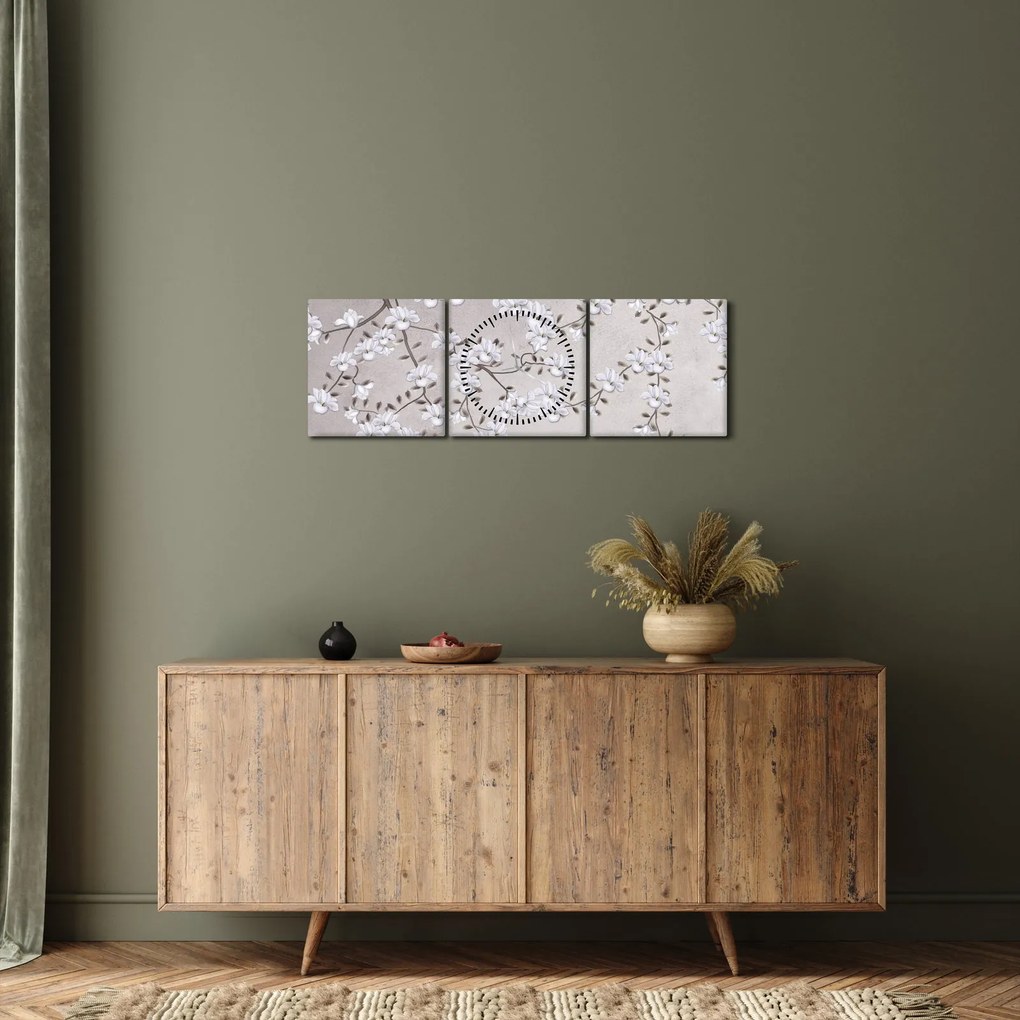 Kép - Virágok egy szürke tájon (órával) (90x30 cm)