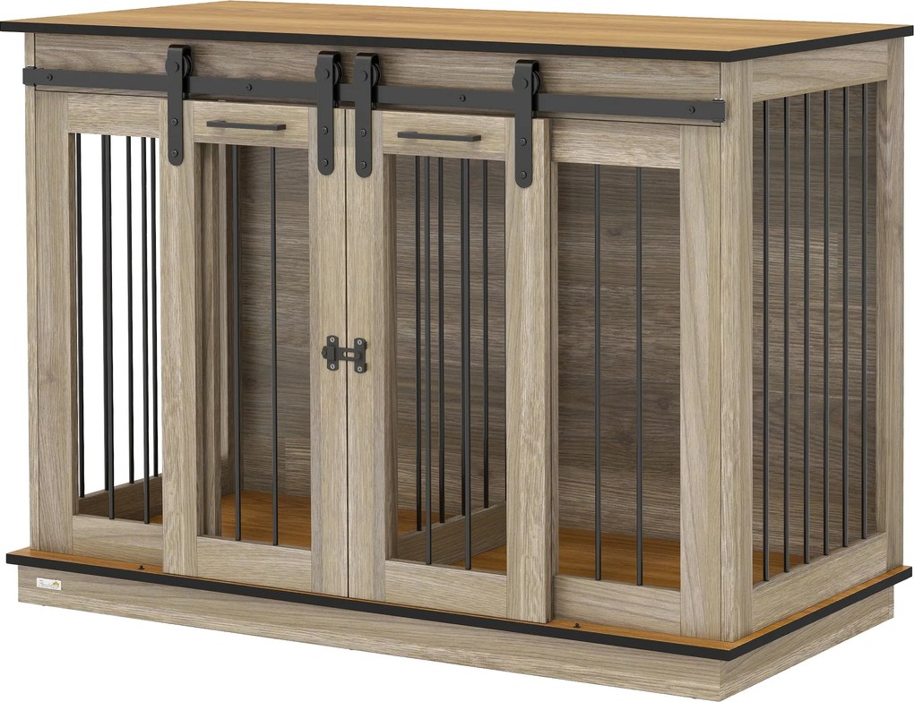 PawHut Kutyafekhely Bútor Két Szobás Opcióval, 2 Ajtós Modern Fém Kutyafekhely Belső Térre, Nagy Kutyák Részére Maximum 30 kg-ig, 120 x 60 x 88,5 cm T