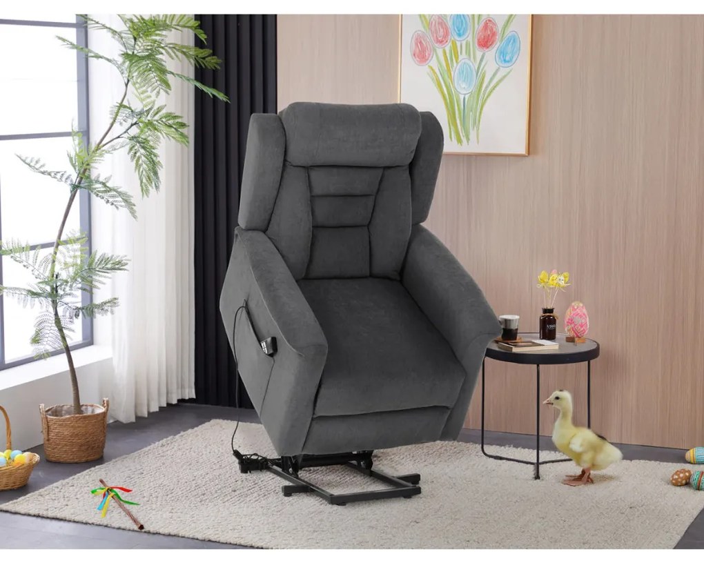 Relax és TV Fotel elektromos vezérléssel, felállást segítő funkció, szürke szövet kárpit, 2 motor