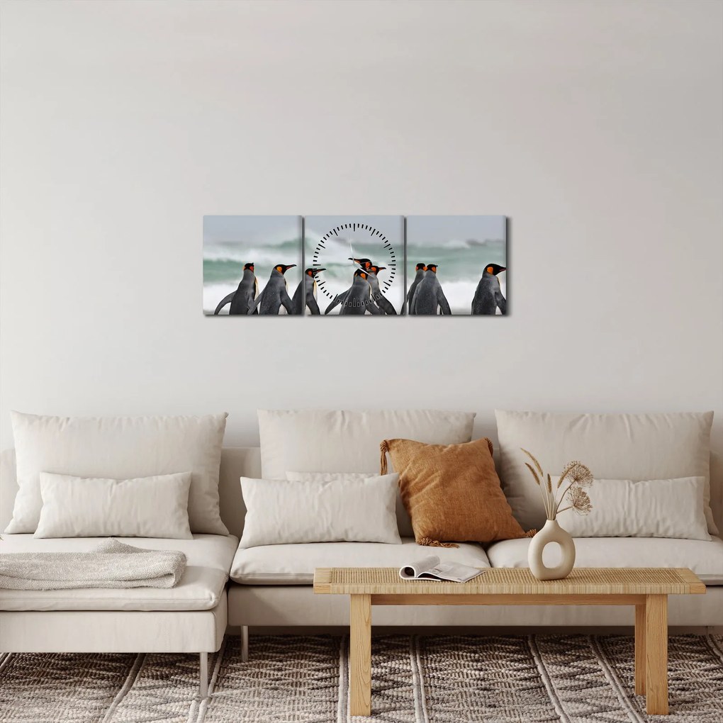 Pingvinek képe az óceán mellett (órával) (90x30 cm)