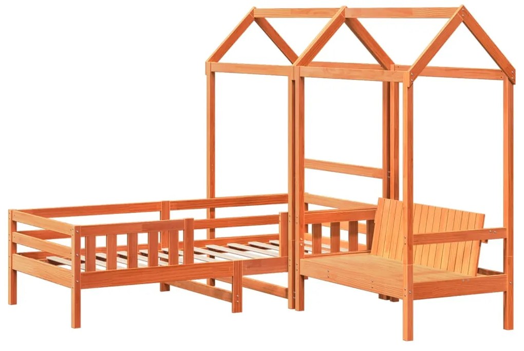 viaszbarna tömör fenyőfa ágy és pad szett tetővel 100 x 200 cm
