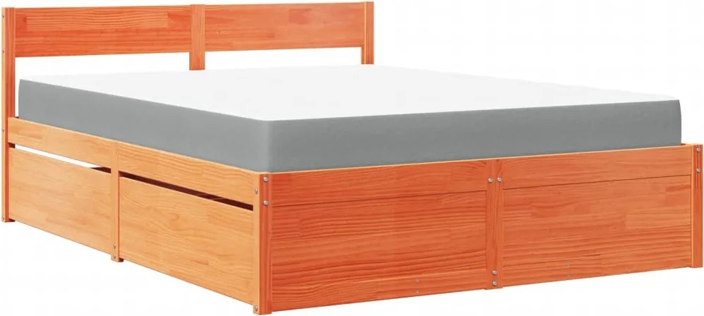 vidaXL viaszbarna tömör fenyőfa ágy fiókokkal és matraccal 140x200 cm