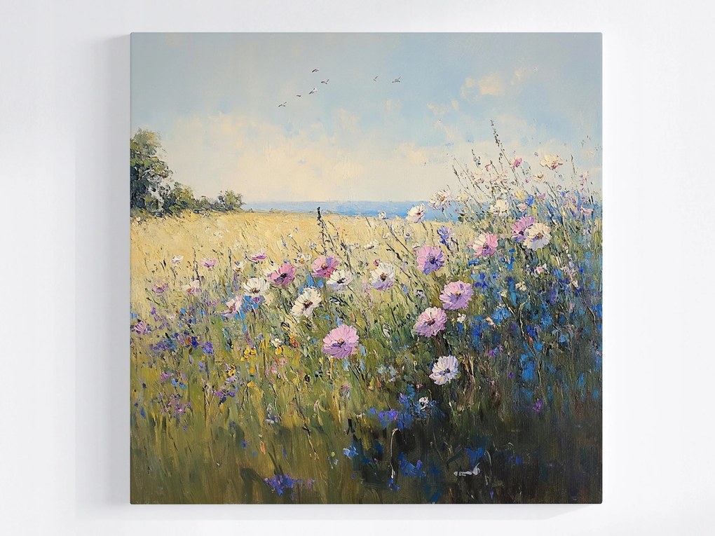 Vászonkép Canvas Kilátás Tájkép Rét Mező Virágok Nyár Természet 80x80