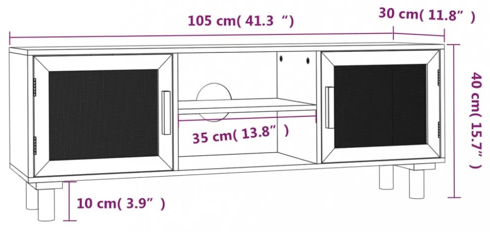 fekete fenyőfa és természetes rattan TV-szekrény 105x30x40 cm