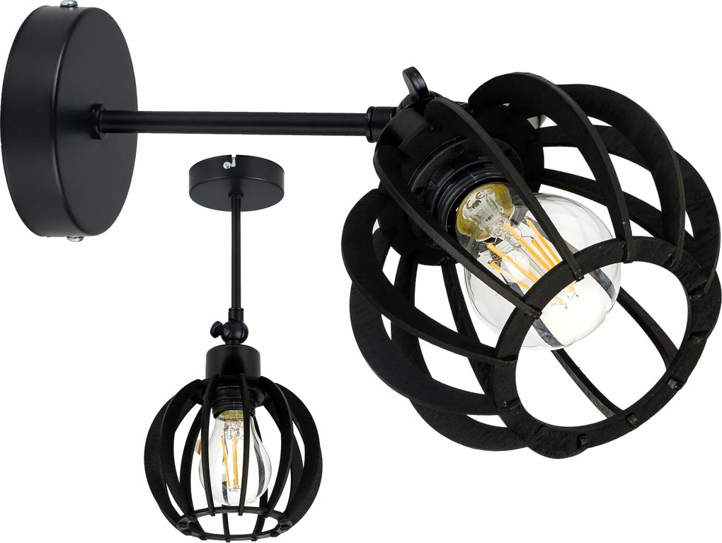 Fali Lámpa fekete 1x E27 fali állítható loft Gömb fa fekete