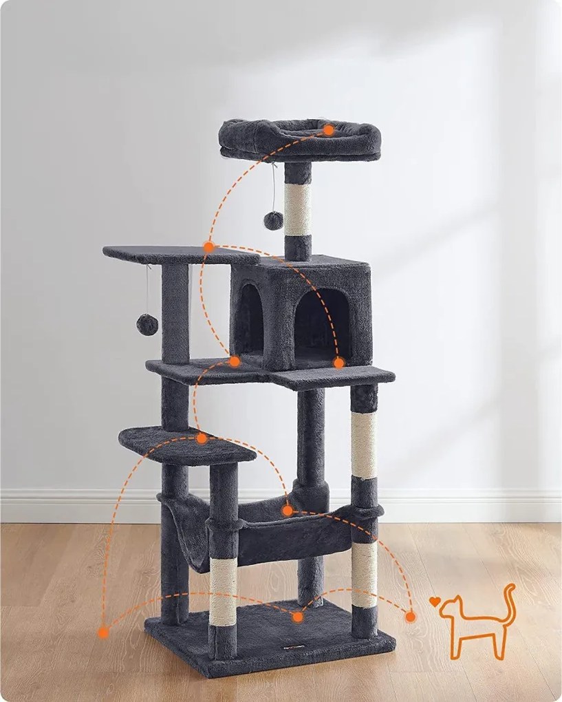 Macska kaparófa, többszintes macskatorony, szürke 55x45x143cm