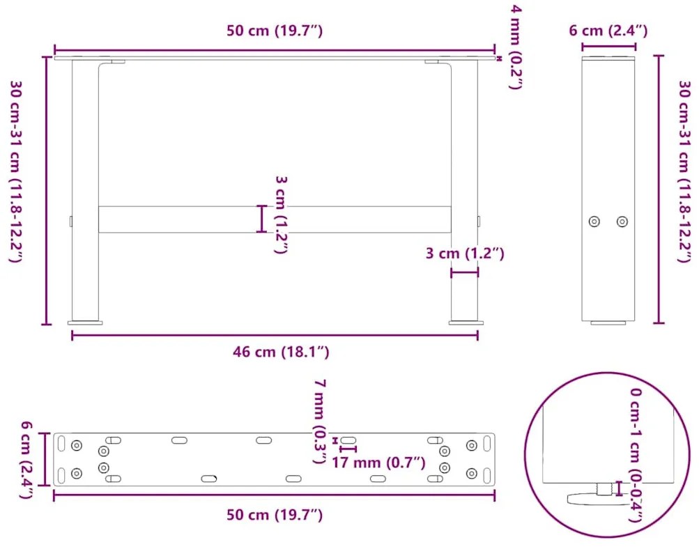 2 db fekete acél dohányzóasztal láb 50 x (30-31) cm