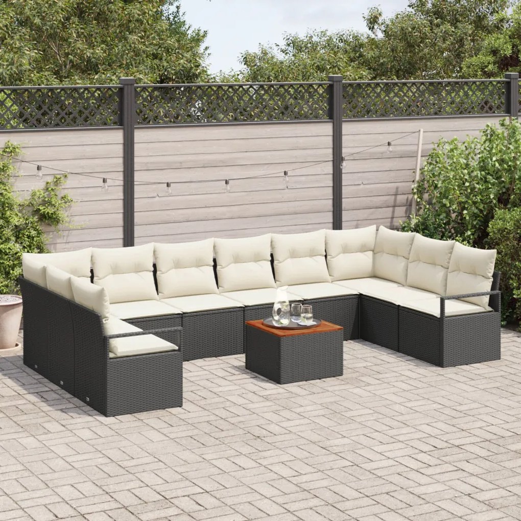 11 Darabos Kerti Kanapé Szett Párnákkal Fekete Poly Rattan Akácia, 2-Fős Kerti Kanapé Tárolóval és Párnákkal Fekete Poly Rattan