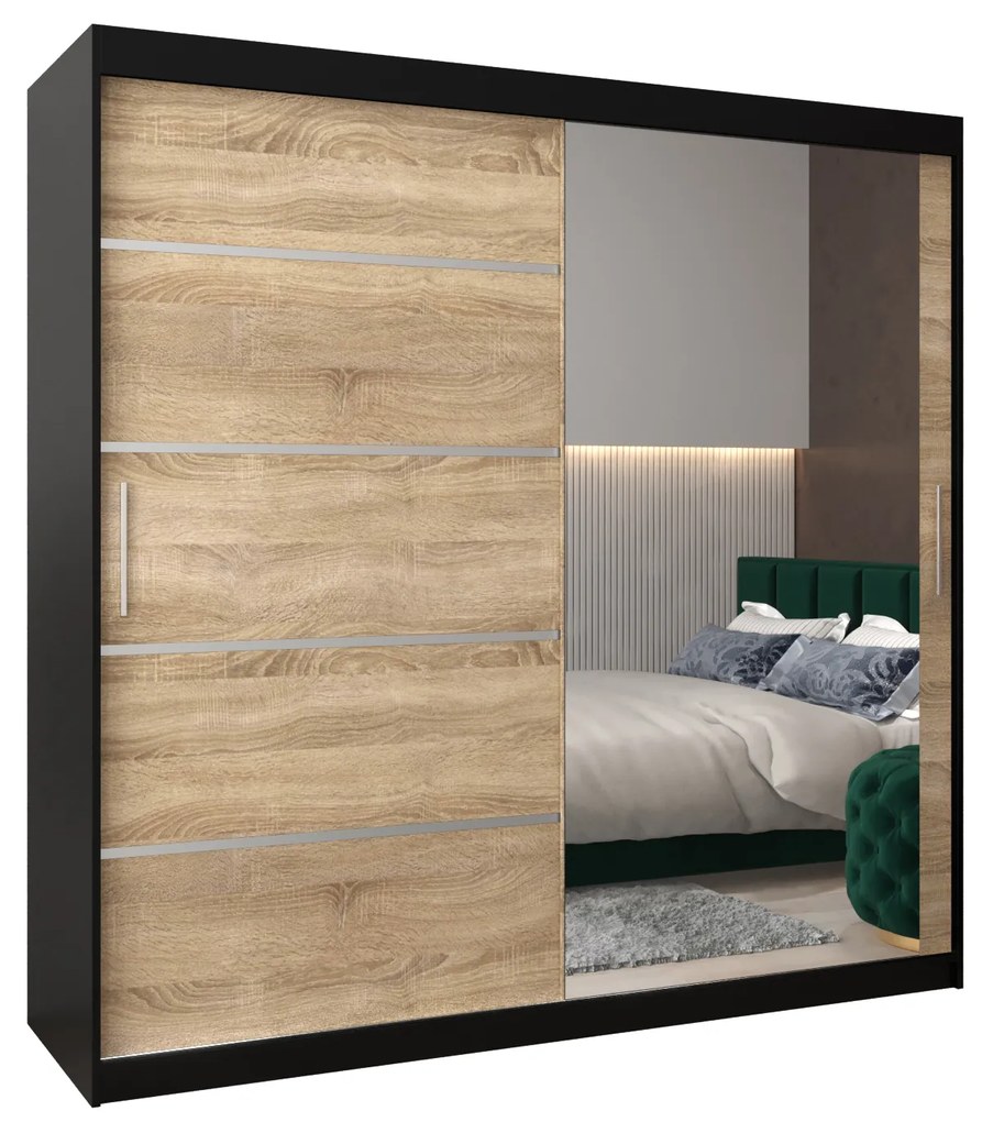 Ruhászekrény 200 cm tükörrel Verika 2 200 (fekete + szonoma tölgy). 1064228