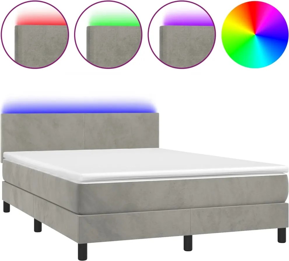 vidaXL világosszürke bársony rugós és LED-es ágy matraccal 140x200 cm
