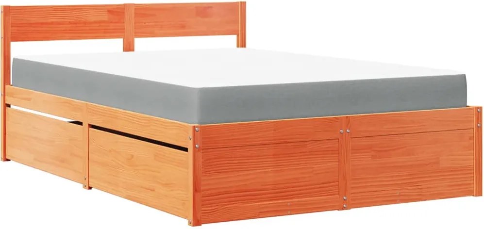 vidaXL viaszbarna tömör fenyőfa ágy fiókokkal és matraccal 120x200 cm