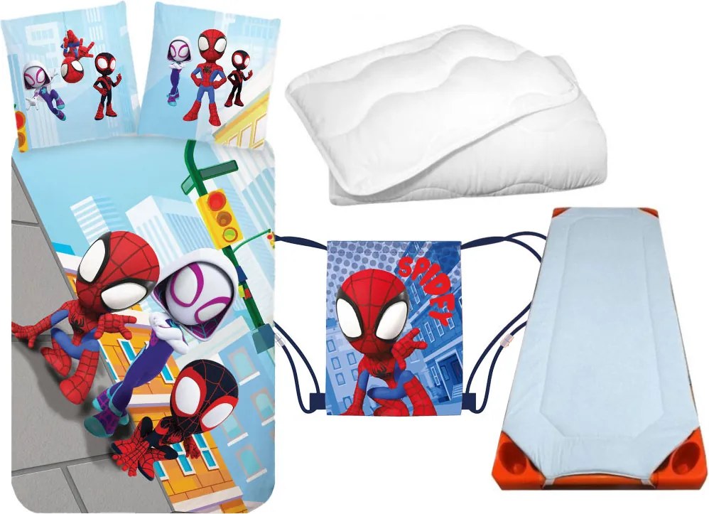 Pókember Spidey Squad gyerek, ovis ágyneműhuzat, derékalj, tornazsák és paplan/párna szett 100x135 cm 40x60 cm