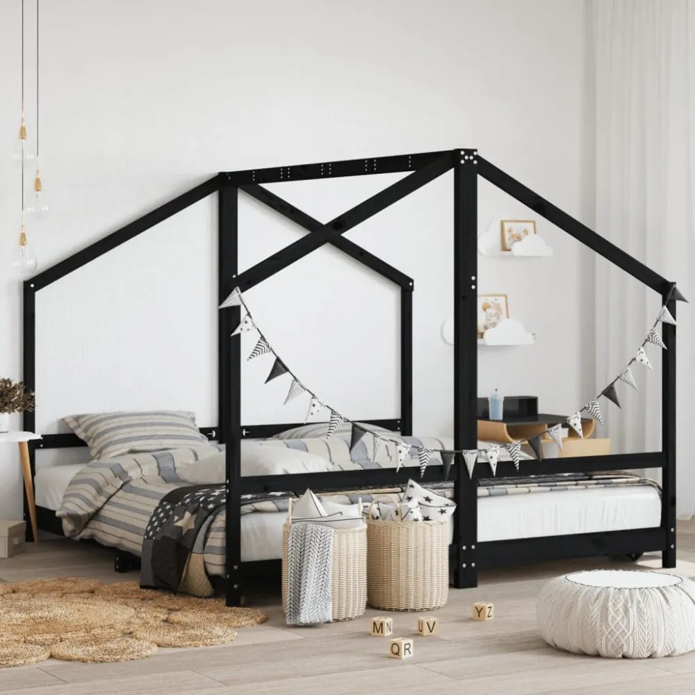 fekete tömör fenyőfa gyerekágykeret 2 x (90 x 190) cm