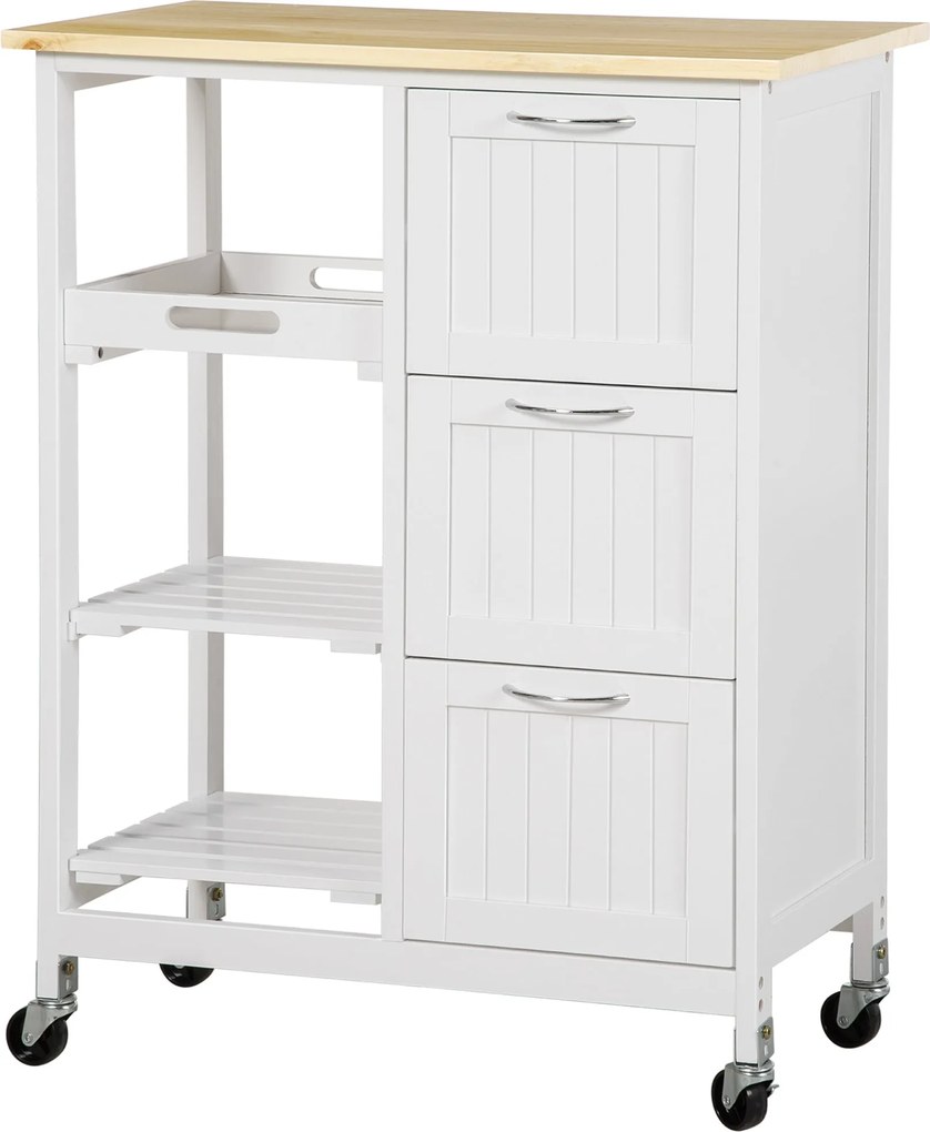 HOMCOM Konyhai Kocsi 3 Fiókkal, Konyhai Kocsi 3 Szinttel, Tároló Kocsi Munkafelülettel, Fehér, 67 x 37 x 85 cm | Aosom