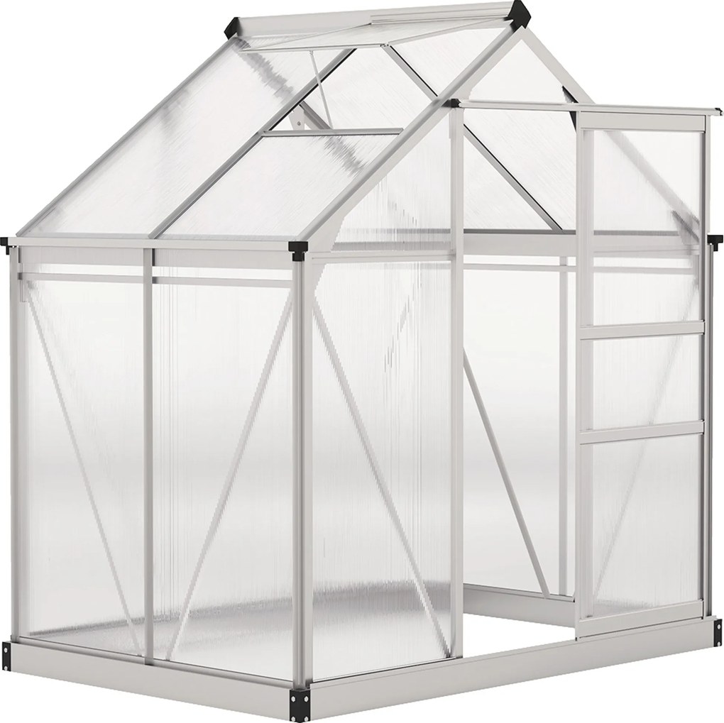 Outsunny alumínium üvegház 2,51 m² — 190 x 132 x 201 cm, horganyzott alap, tetőszellőző, tolóajtó, 4 mm UV-álló polikarbonát panelek — kültéri kertész