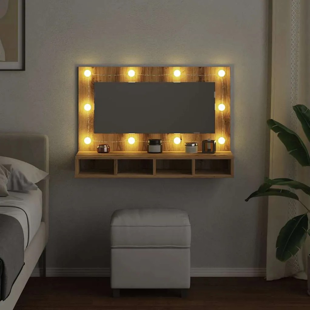 kézműves tölgy tükrös szekrény LED-ekkel 90 x 31,5 x 62 cm