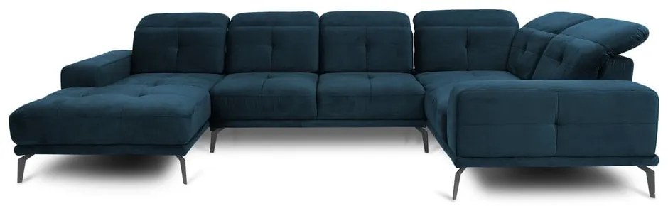 Sötétkék bársony sarokkanapé (jobb oldali-U alakú) Neviro – ELTAP