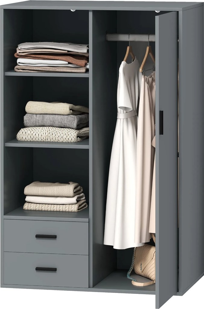 HOMCOM Modern Ruhásszekrény 2 Fiókkal, Állítható Nyitott Polcokkal, Akasztósrúddal, Ruhásszekrény Hálószobába és Előszobába, 80x50x124 cm, Sötétszürke