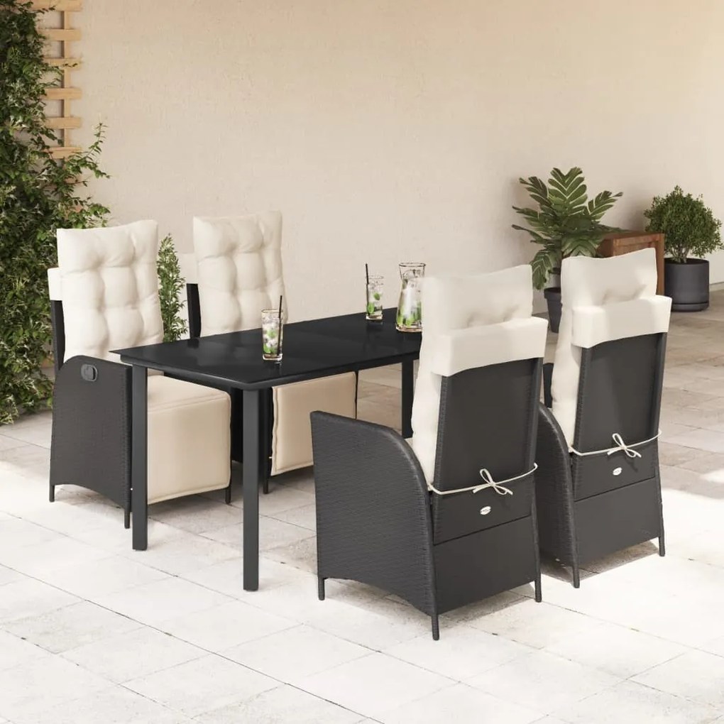 5 részes fekete polyrattan kerti étkezőgarnitúra párnákkal