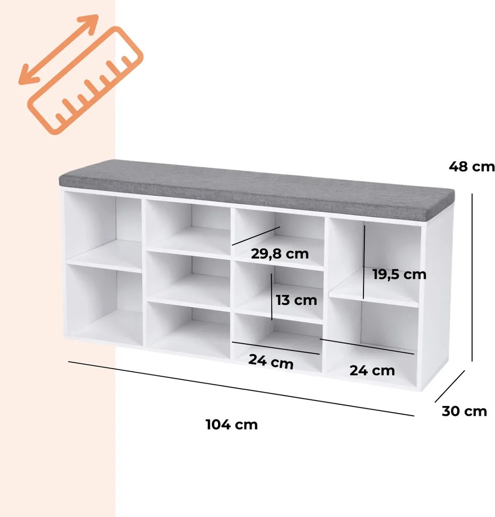 GABI cipősszekrény párnázott ülőkével, 10 rekesz, 104x30x48cm, szürke/fehér Vasagle