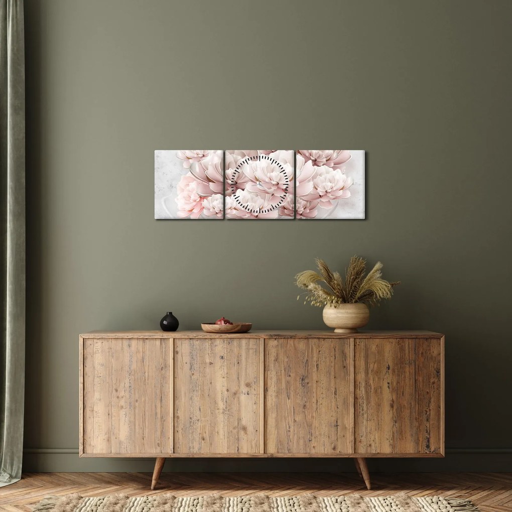 Kép - Rózsaszín virágok a falon (órával) (90x30 cm)