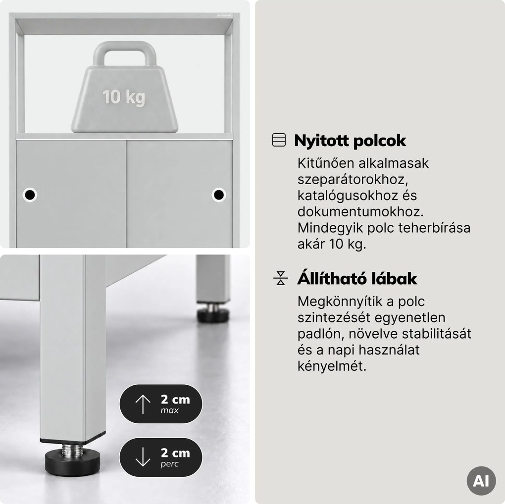 Iratrendező polc zárható szekrénnyel, irodai, nyitott polcok, fém szürke, 800x2200x400 mm: ARIEL