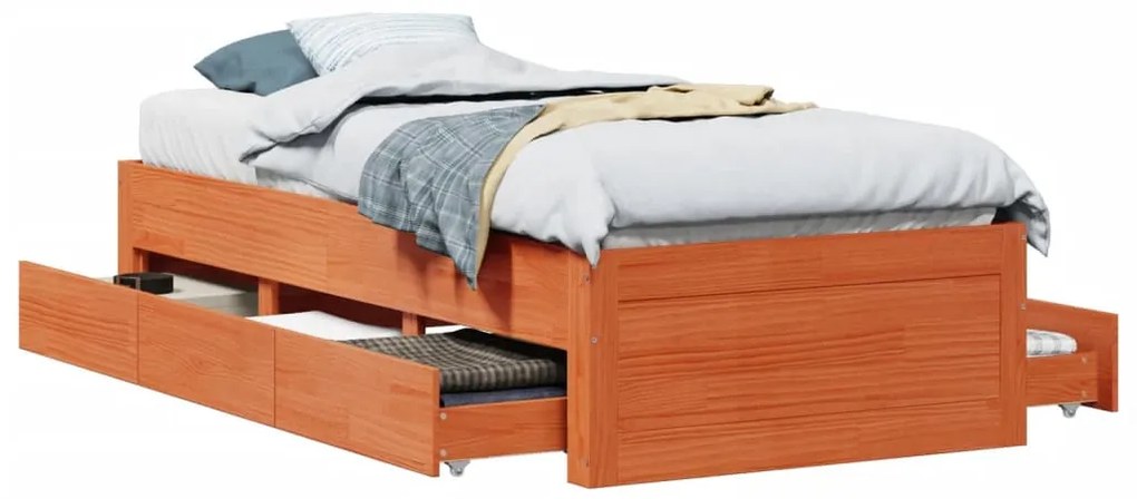 viaszbarna tömör fenyőfa fiókos ágykeret matrac nélkül 90x190cm
