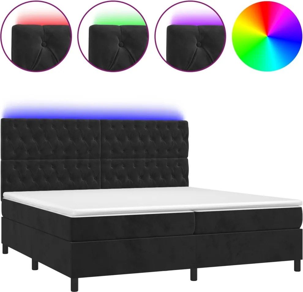 vidaXL fekete bársony rugós és LED-es ágy matraccal 200x200 cm