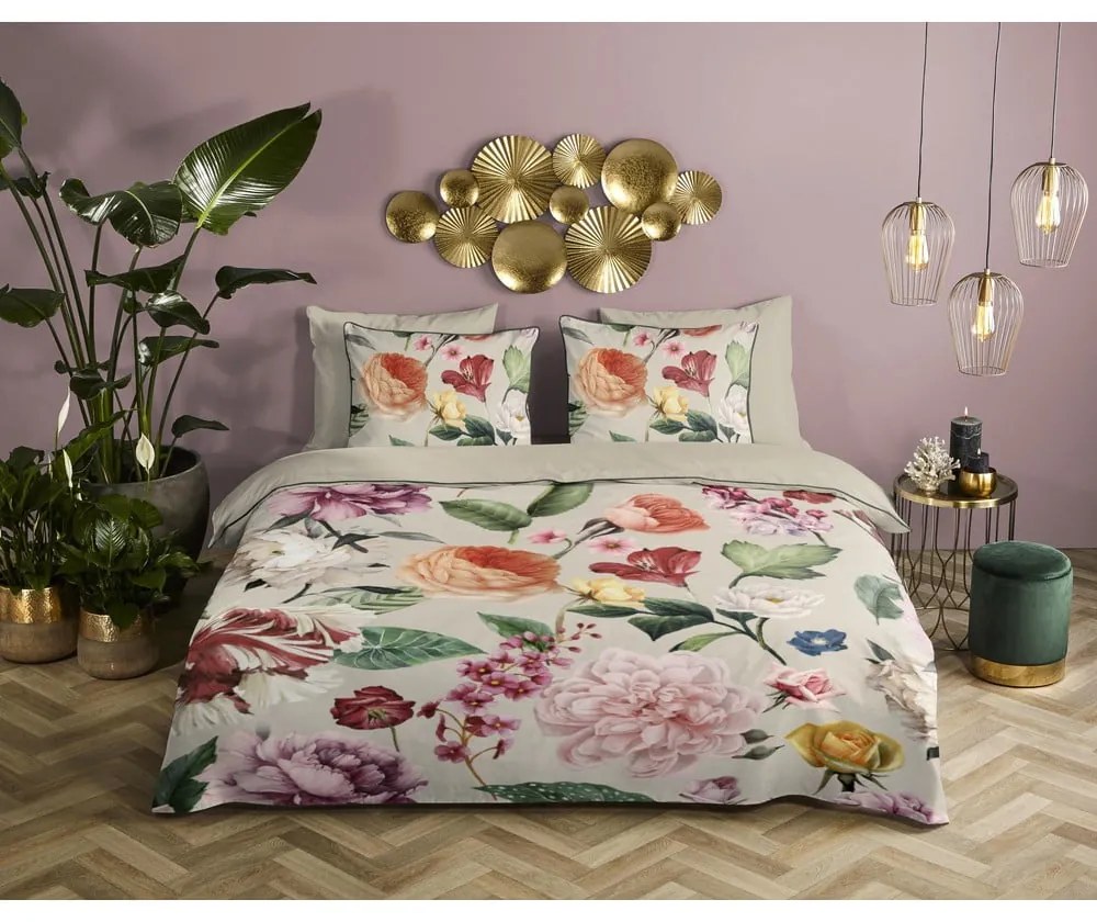 Bézs kétszemélyes-hosszabbított pamut-szatén ágyneműhuzat 200x220 cm Fiori – Descanso