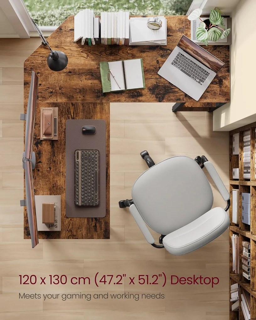 Számítógépasztal, L-alakú sarokasztal, 120 x 130 x 76 cm, rusztikus barna és fekete