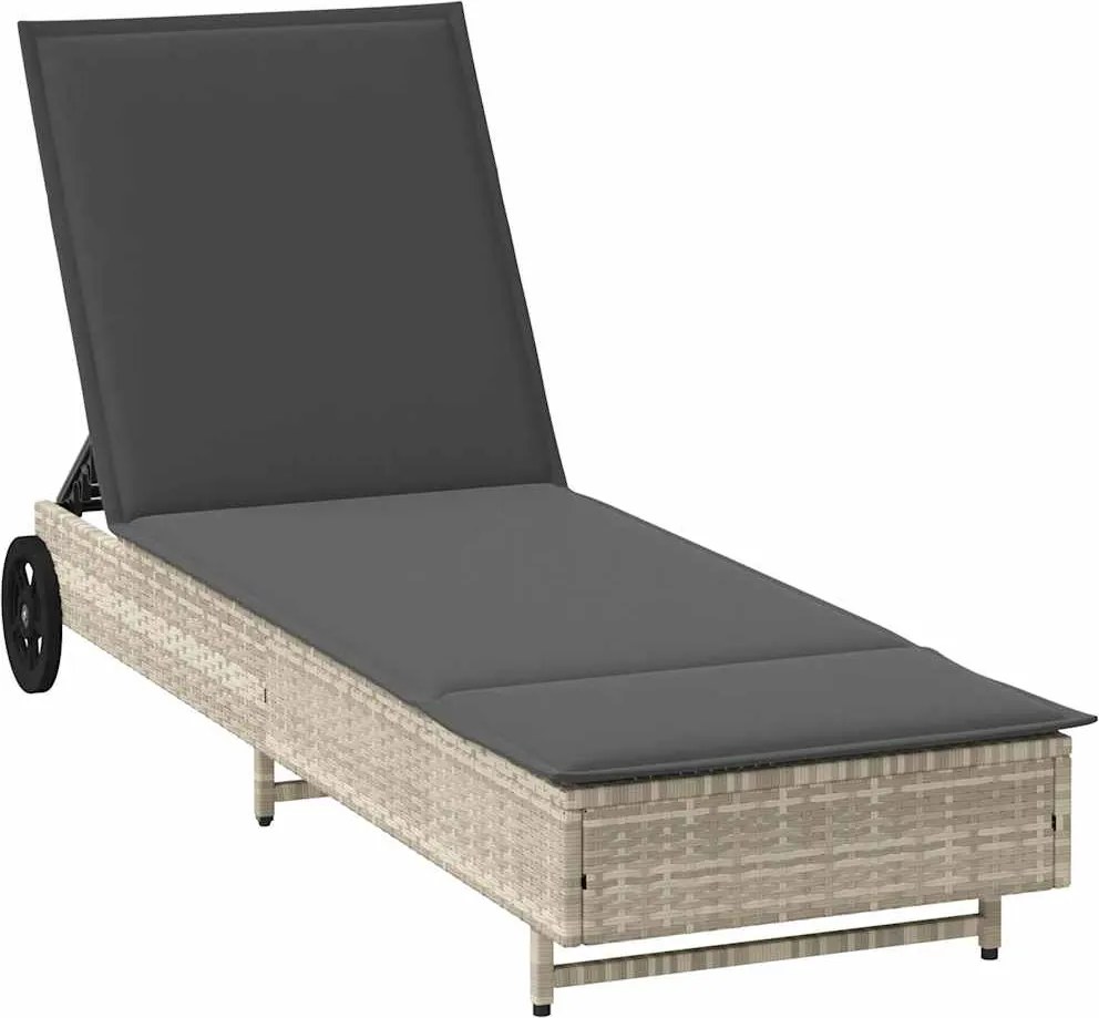 vidaXL világosszürke polyrattan napozóágy kerekekkel és párnával