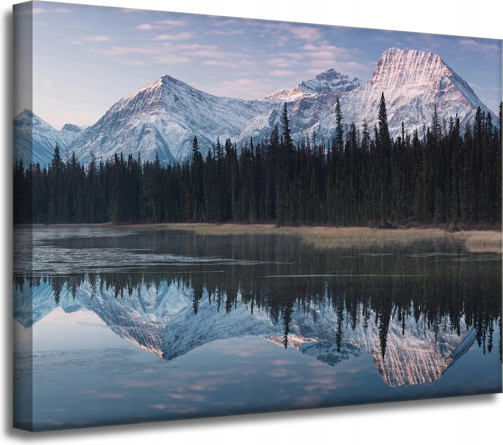 Vászonkép Tópart Víz Erdők Hó hegyek 40x30 cm