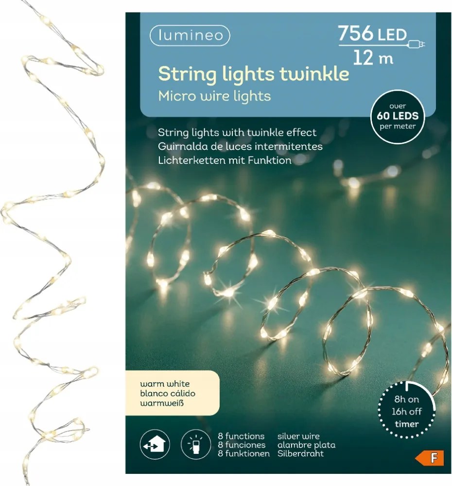 Karácsonyfa fényfüzér Micro 756 LED-es karácsonyfa drót Meleg fehér 12m